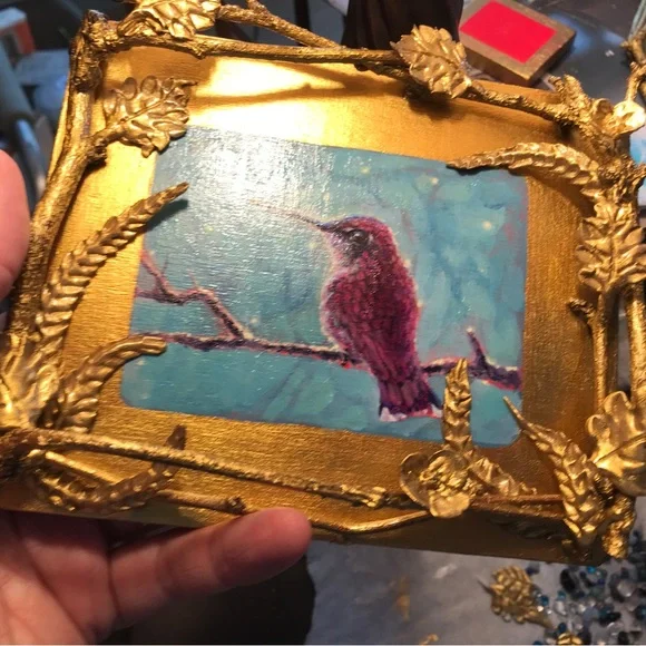 Magenta hummingbird original painting sculpture bird artwork Ooak fantasy art - Picture 5 of 8